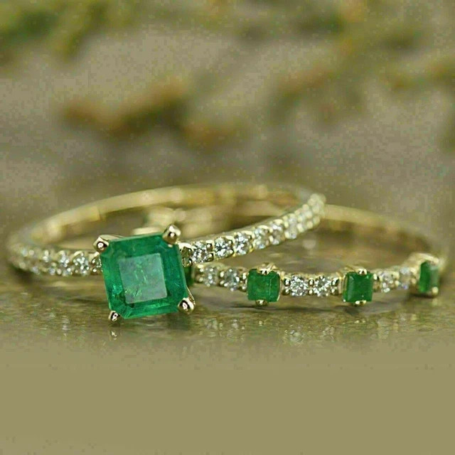 2Ct Princess Simulated Emerald Women Wedding Bridal Ring 14K Yellow Gold Plated