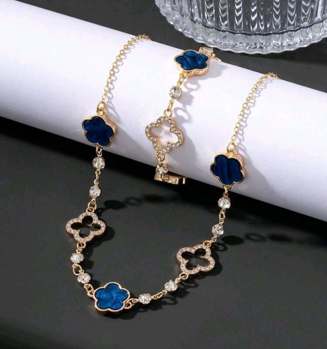 Gold Tone Blue Clover Necklace & Bracelet Jewelry Set, Zinc Alloy/Iron