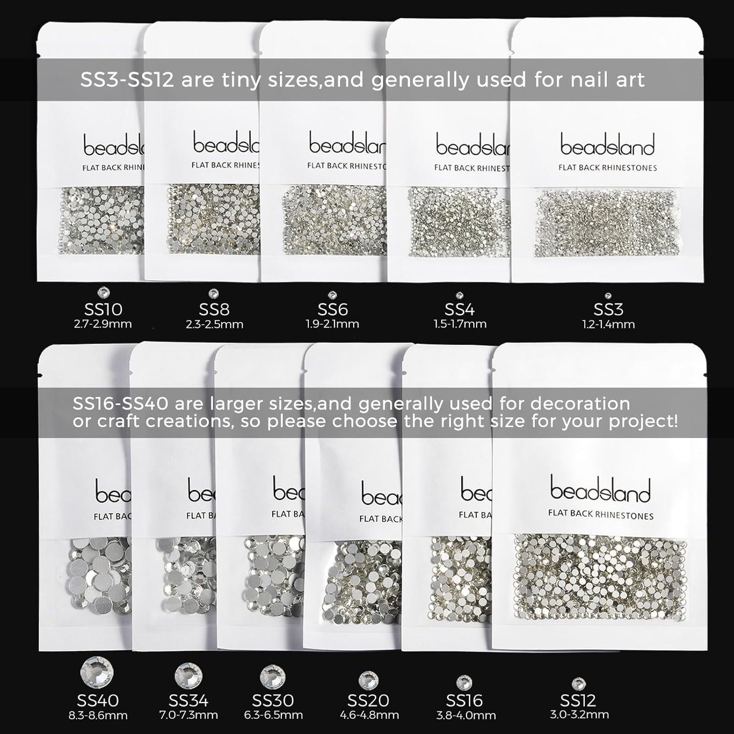 Versatile 1440-Piece Jet Black Flat Back Rhinestones for Crafting & Accessories