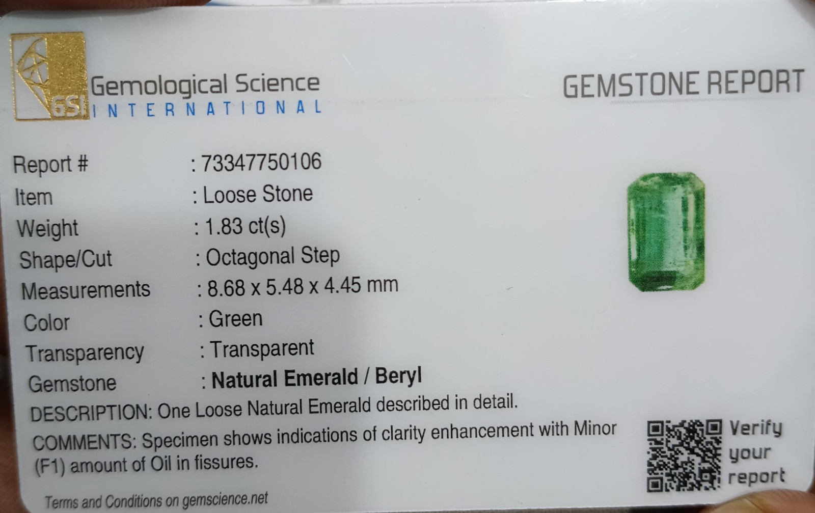 1.83ct Natural Emerald GSI Certified Octagon Cut Medium Green Zambian Gemstone