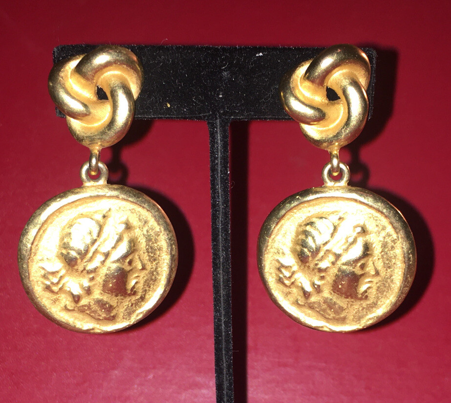 VINTAGE DKNY DONNA KARAN SIGNED CAMEO COIN & KNOT DROP DANGLE CLIP EARRINGS