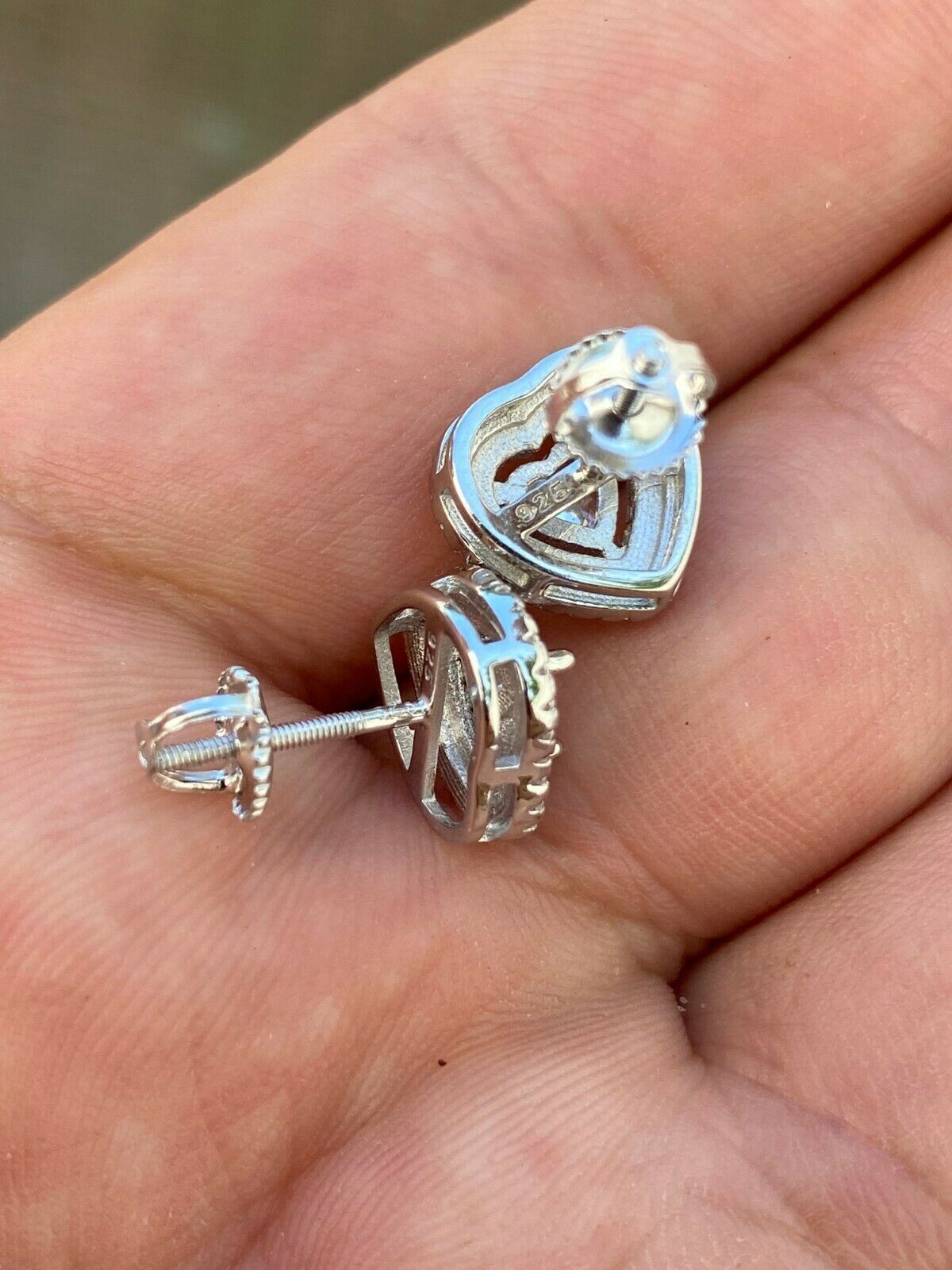Real 925 Sterling Silver Heart Shape Earrings Large CZ Studs Iced Ladies Hip Hop