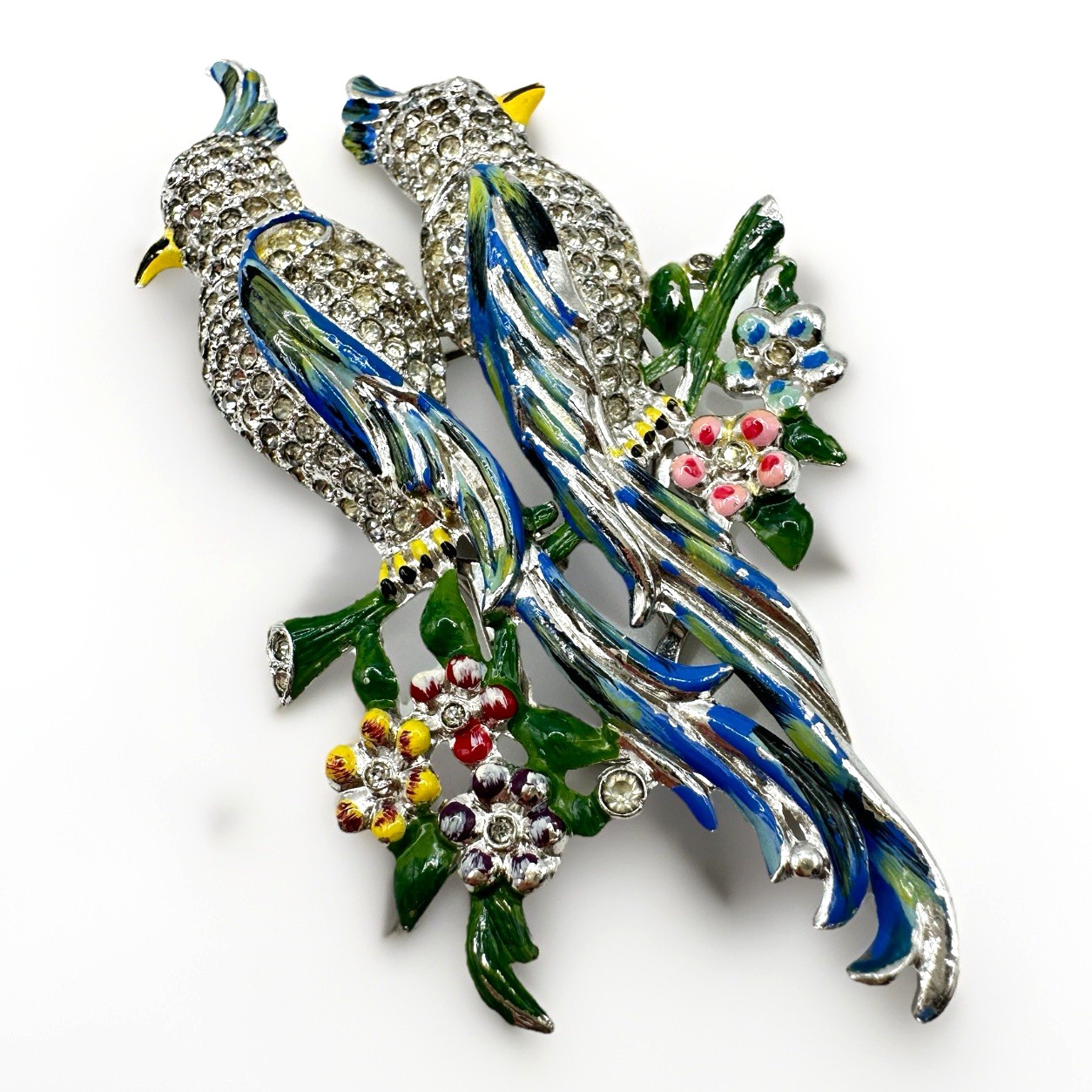 Vintage Coro Duette Birds Of Paradise Brooch Fur Clips Rhinestone Enamel