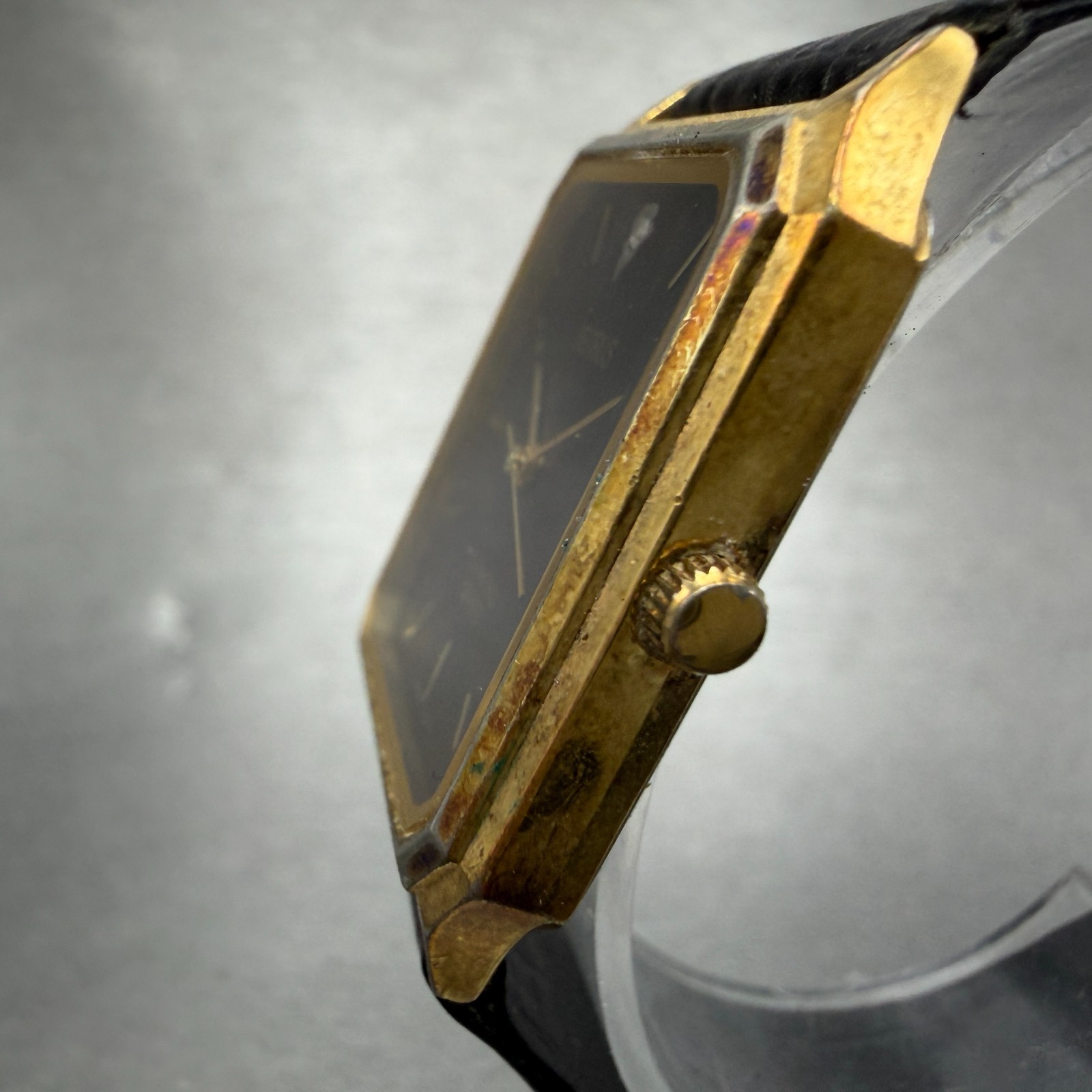 Benrus Tank Watch Men 26mm Black Dial Gold Tone Rectangle Diamond New Battery