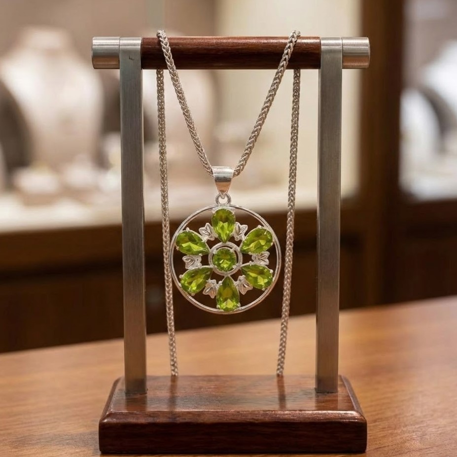 Green Peridot Flower Pendant| 50–55 Carat Green Gem in Sterling Silver Necklace
