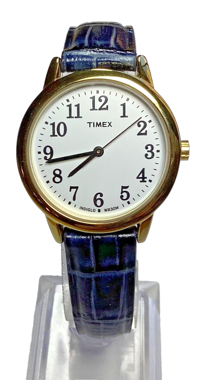 Timex Indiglo Womens Watch Gold White Navy Leather Band WR 30M New Battery