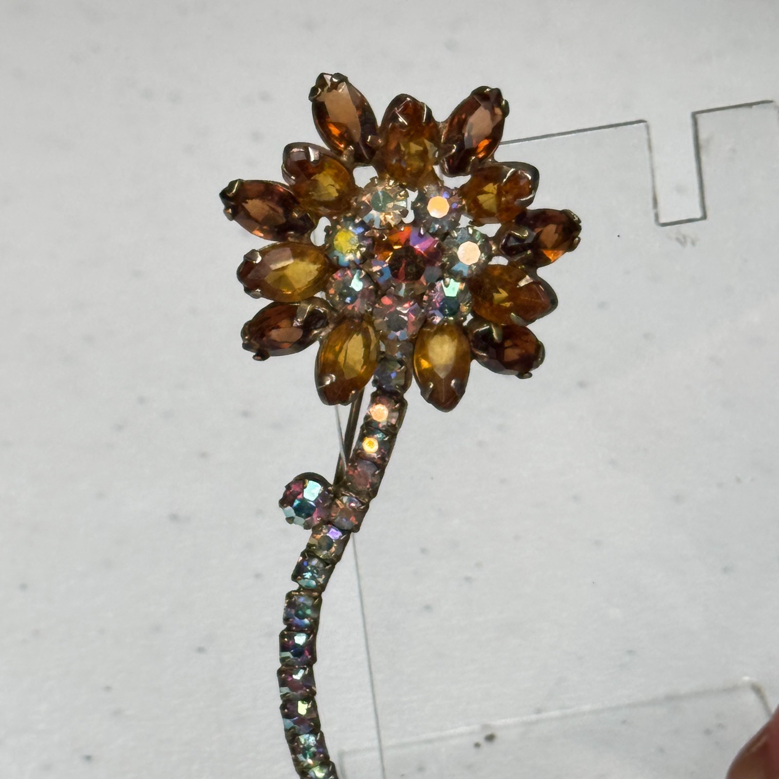Vintage Brooch Brown Rhinestone Flower AB Stem Daisy MCM 50s 60s