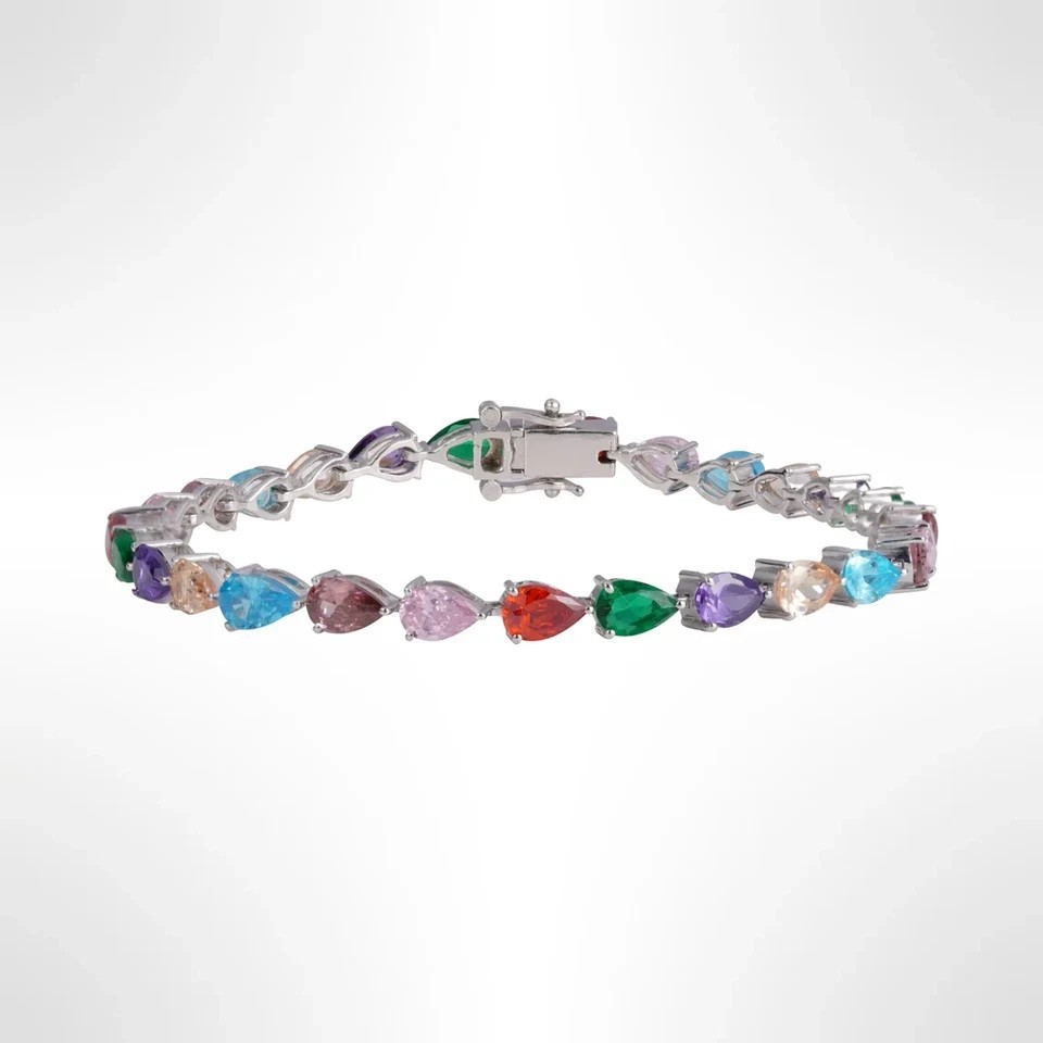 15Ct Pear Cut Lab Created Multicolor Women Bracelet 14K White Gold Plated Silver