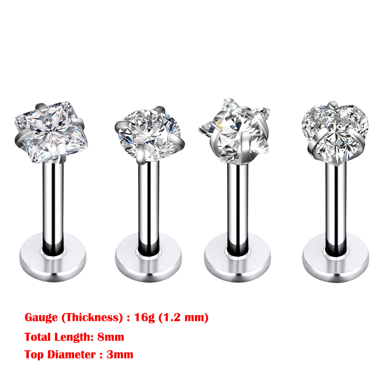 4-24pcs CZ Gems Labret Monroe Lip Rings Helix Tragus Earring Studs 16G Piercing