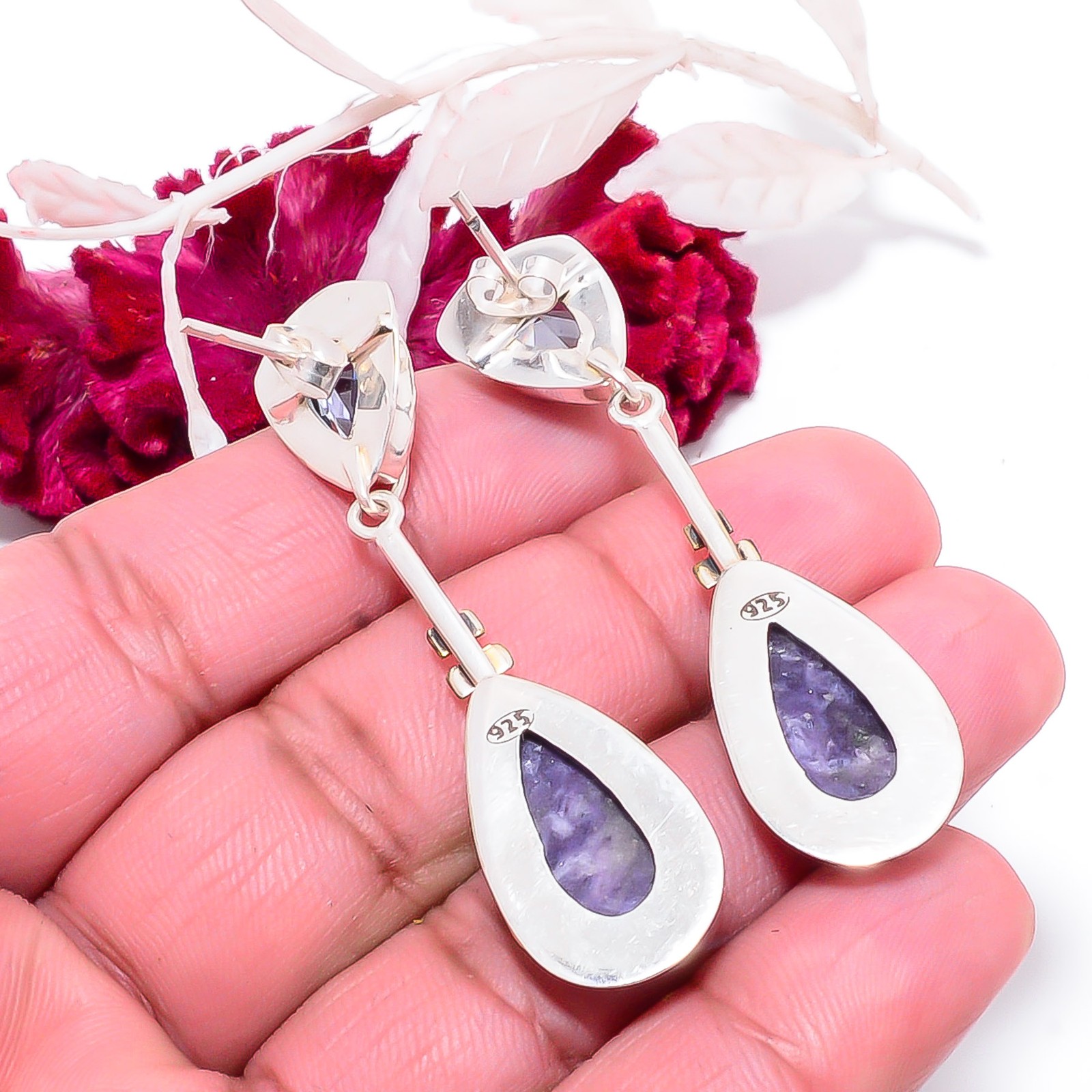 Lepidolite – San Diego & Iolite 925 Sterling Silver Two Tone Earring 2.34″ E8392