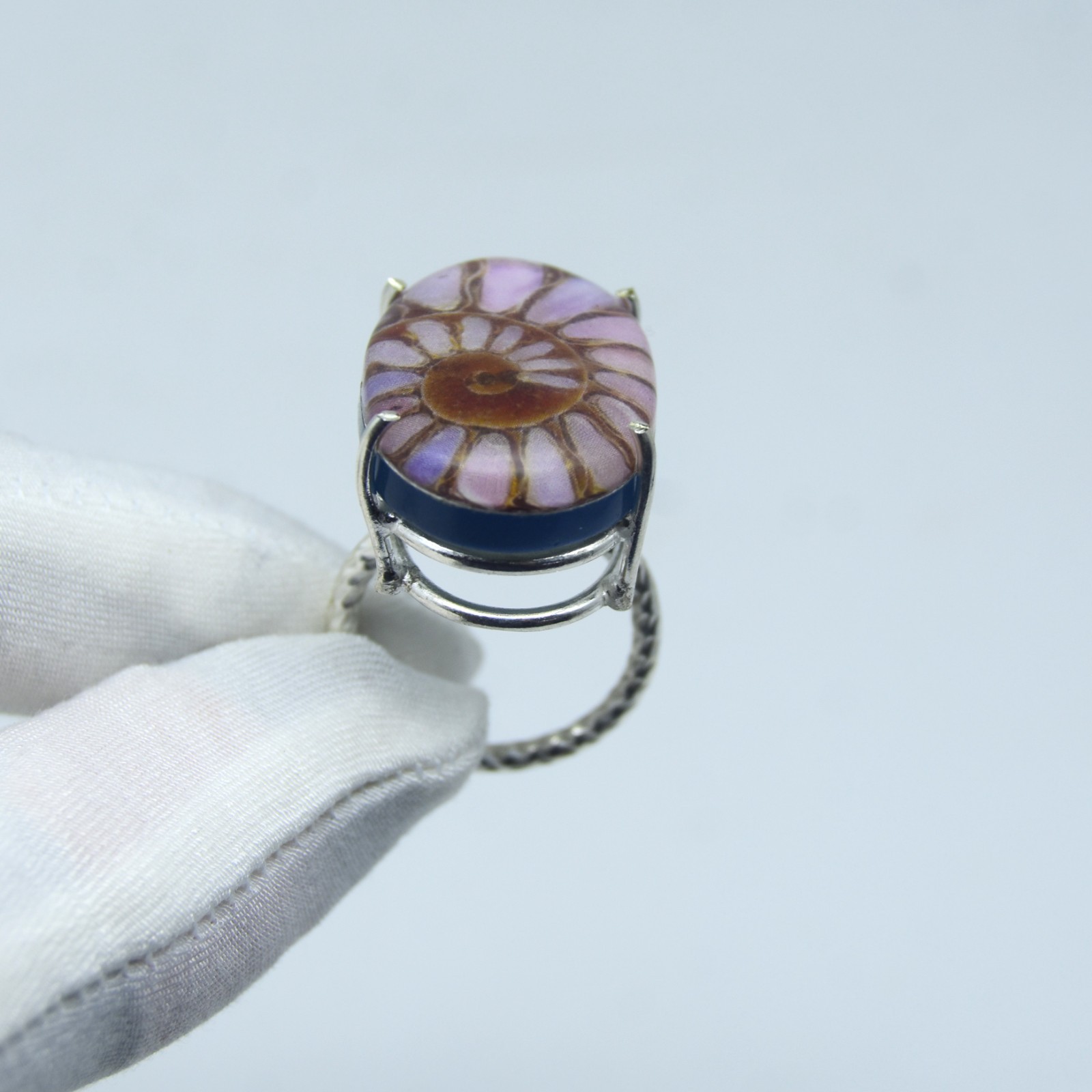 Pink Ammonite Fossil Gemstone Ring Handmade 925 Sterling Silver Jewelry