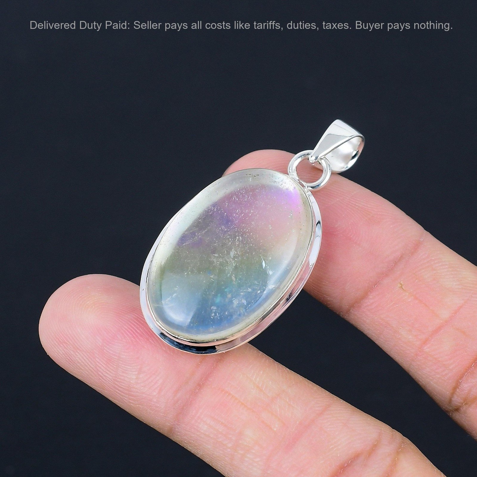 925 Silver Oval Natural Rainbow Mystic Opal Engagement Wedding Pendant Jewelry