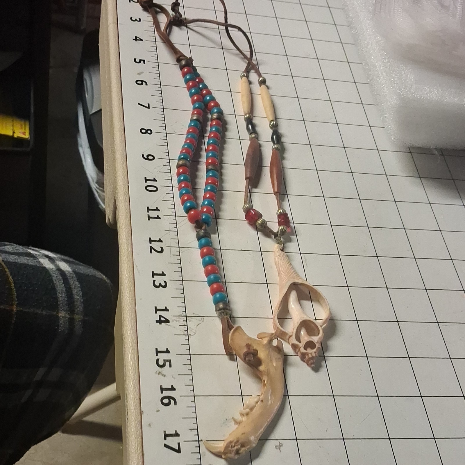 Leather Cord Beaded Necklace Shell Bone Charm Pendant Adjustable Bolo