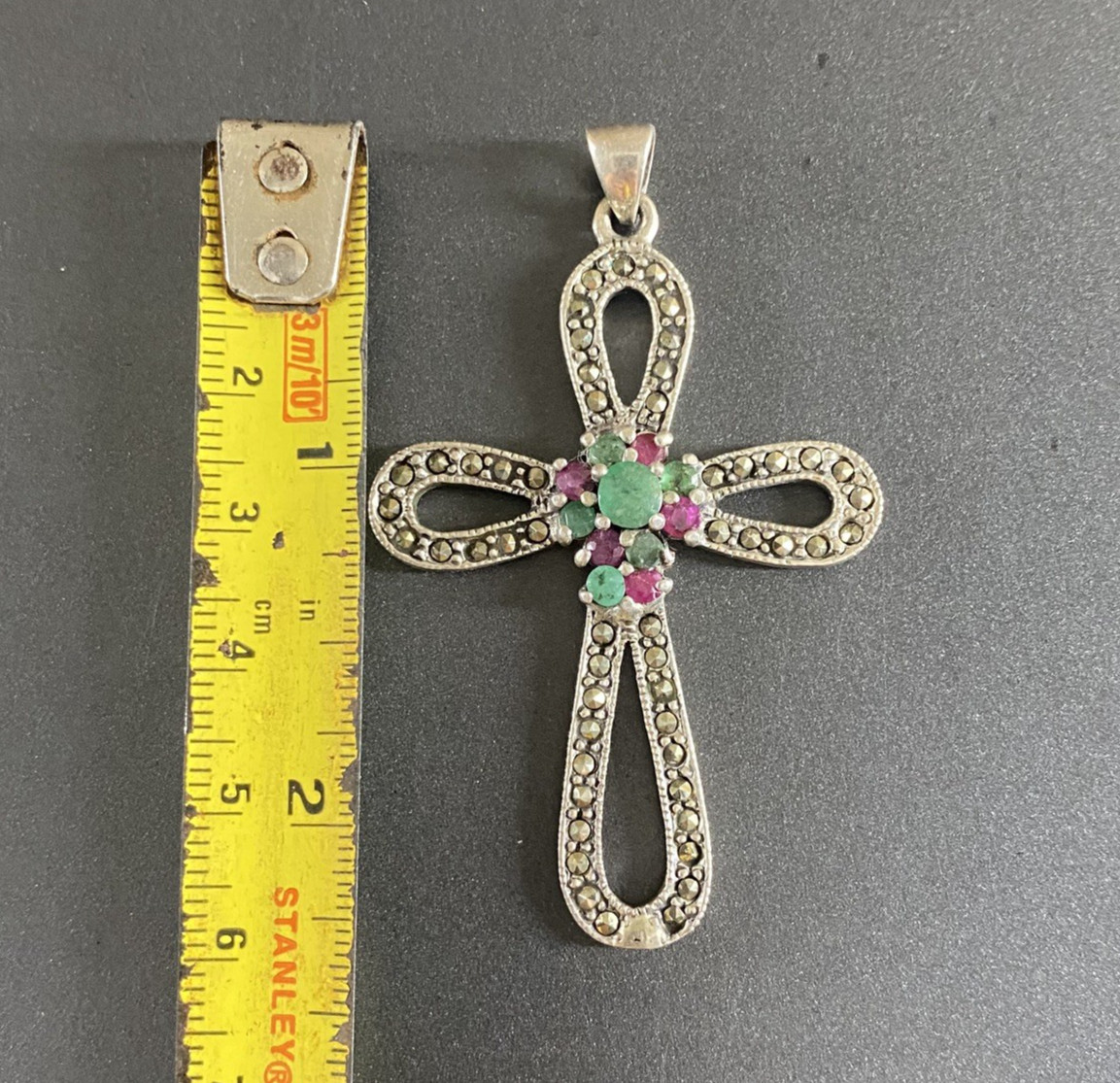 Sterling Silver Cross Pendant Large 925 Emerald Ruby Marcasite Gothic Religious