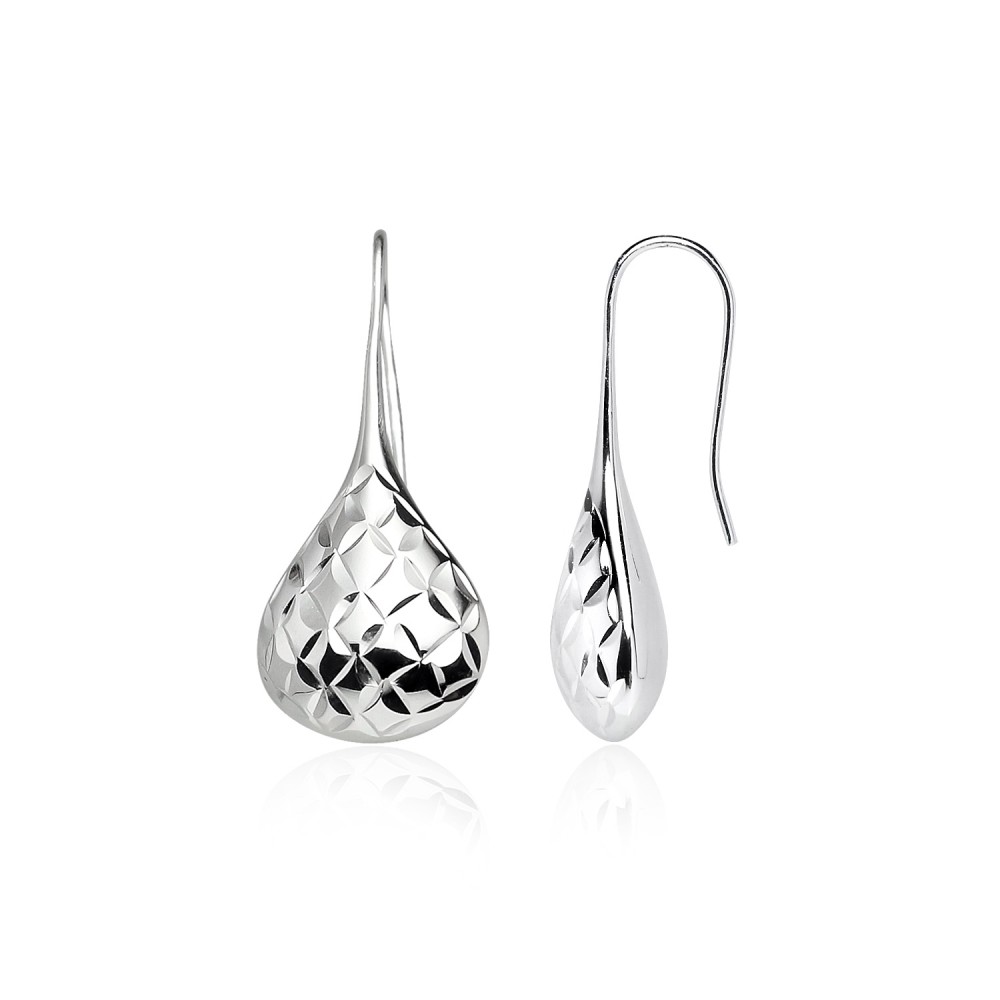 Sterling Silver Diamond-Cut Pear Shape Lotus Polished Drop Earrings, 3 Colors