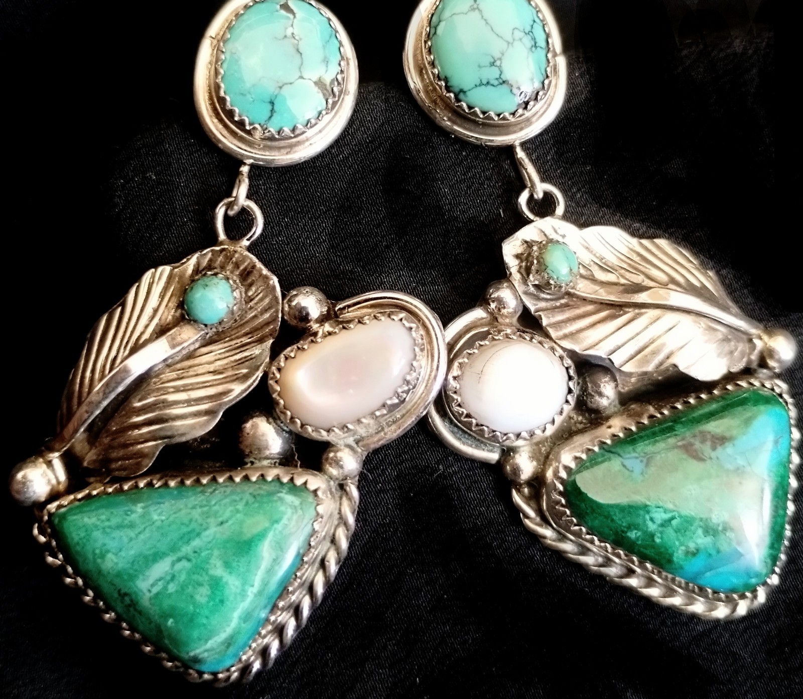 NAVAJO TURQUOISE DANGLING EARRINGS 2.5″ Long /Sumptuous Rich Unique/Touch Of MOP