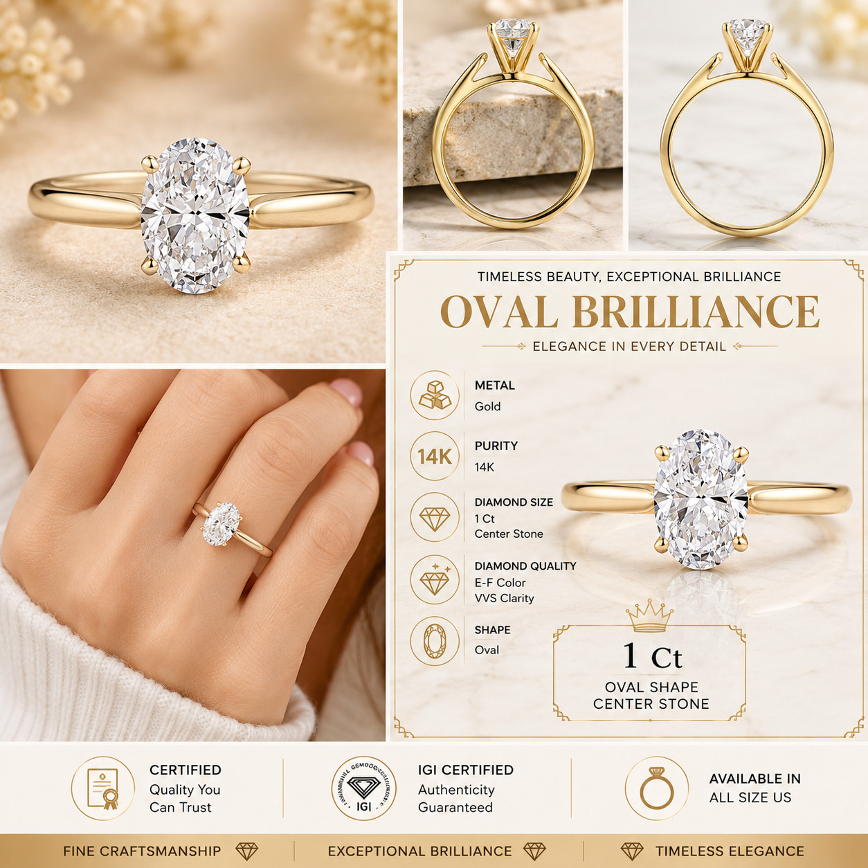 IGI Certified Lab Grown Diamond Engagement 14 K Gold Ring Gift For Her 1Ct F VVS
