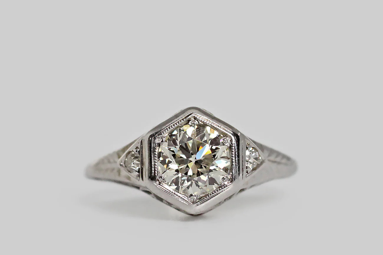 1.38CT White Round Cut Moissanite Art Deco Antique Style Ring In 14K White Gold
