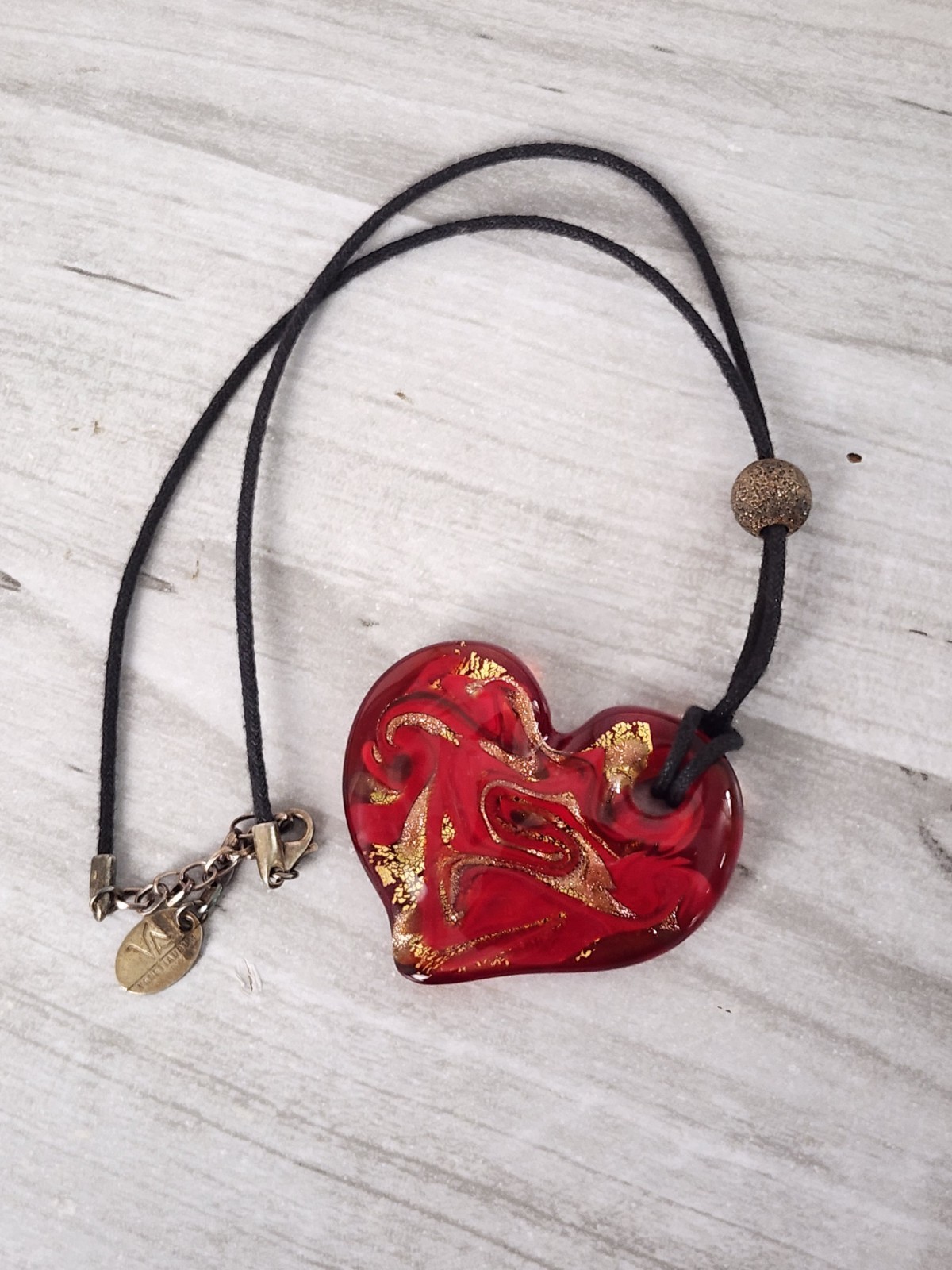 Authentic Venetiaurum Murano Glass Red Gold Swirl Heart Pendant Necklace 925 SS
