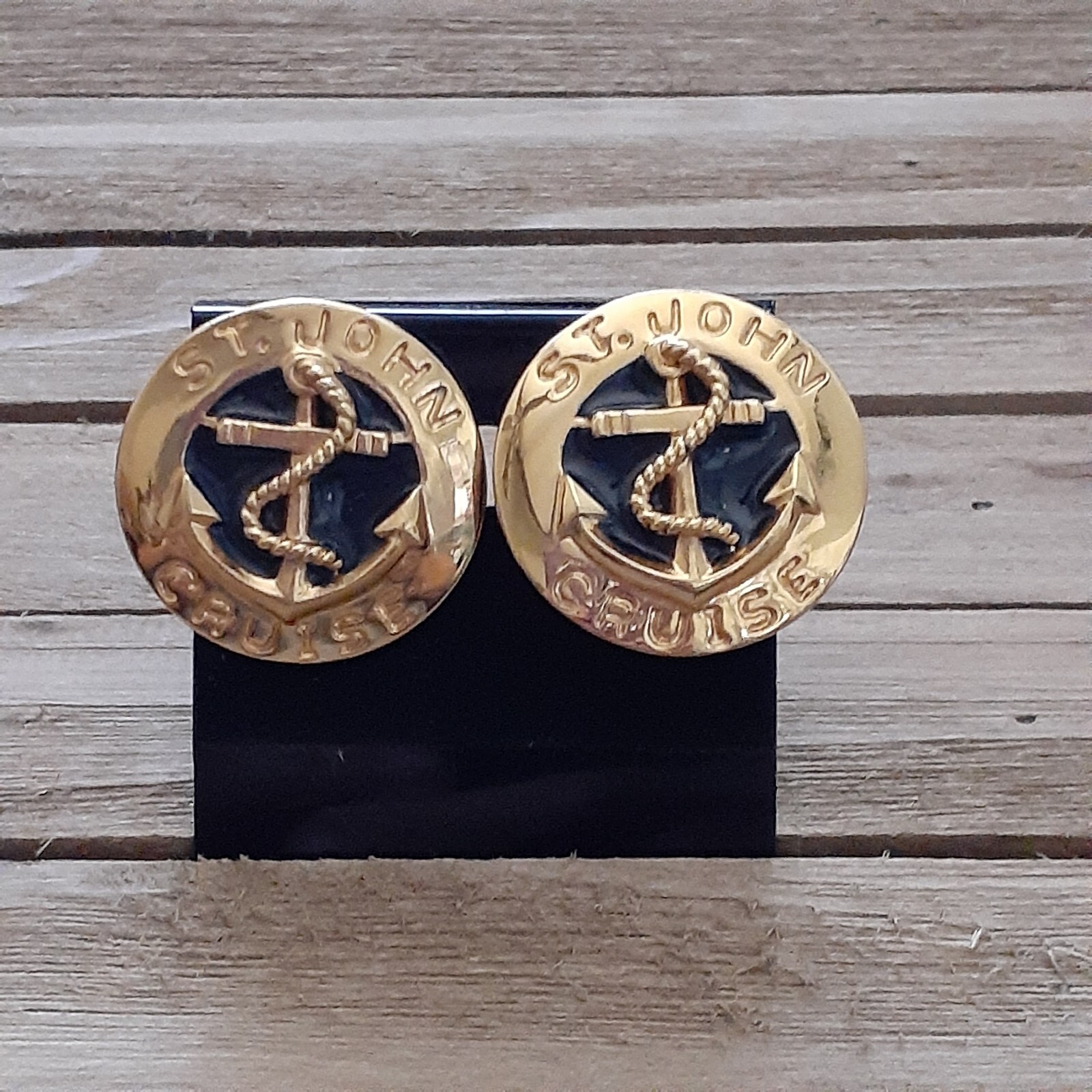 VTG St John Earrings Cruise Nautical Anchor Spell Out Clip On Black Enamel Gold