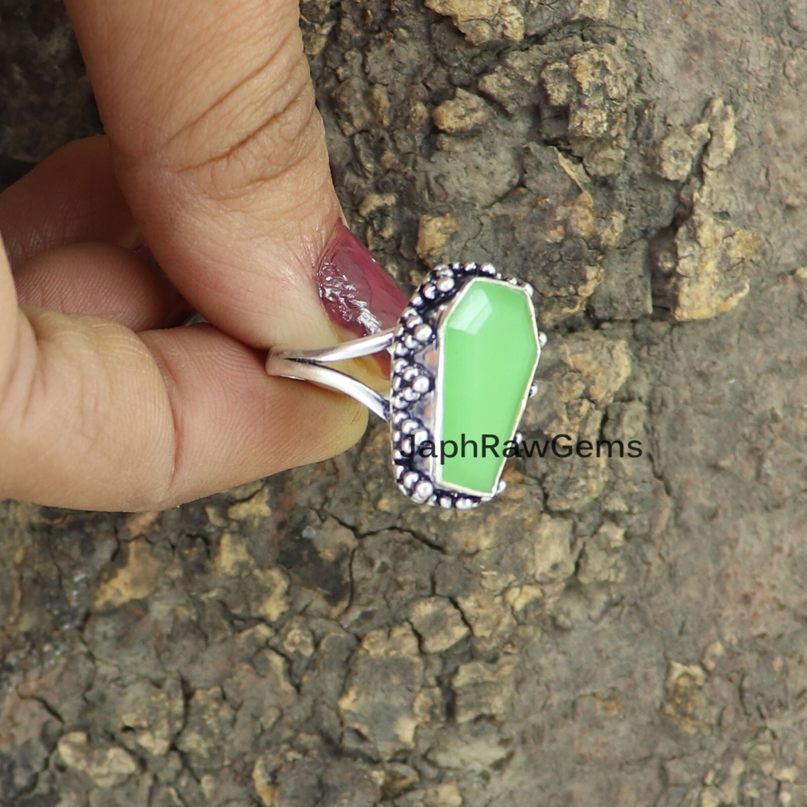 Chrysoprase 925 Sterling Silver Coffin Ring Handmade Gemstone Women Gift Ring