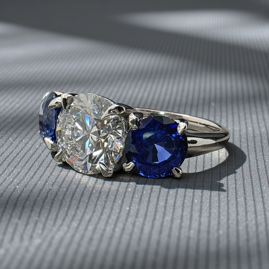 4.00 Ct E VS1 Sapphire and Diamond Lab Grown 3 Stone Ring 14k White Gold