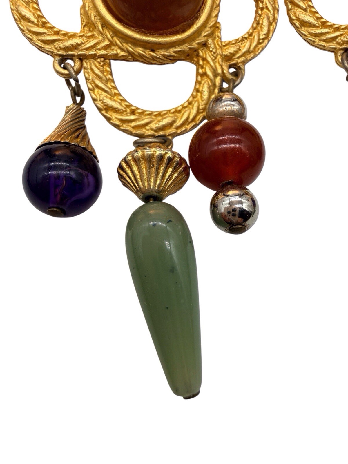 JJ Jonette Signed Earrings VTG 80s Large Etruscan Rev Faux Stone Dangles Gold 9