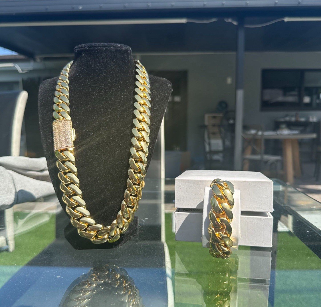 Bracelet & Chain Set Miami Gold Cuban Link Gold Plated Stainless Steel Set 20mm