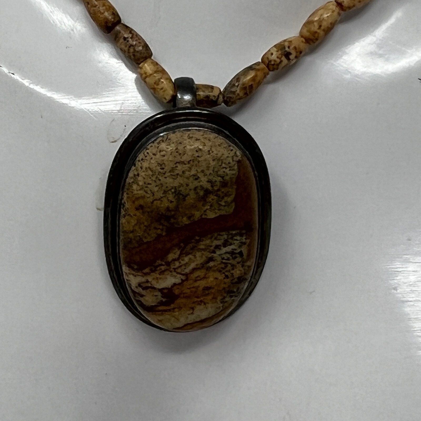 Earth Tone Beaded Necklace Brown Tan Cabochon Stone Pendant