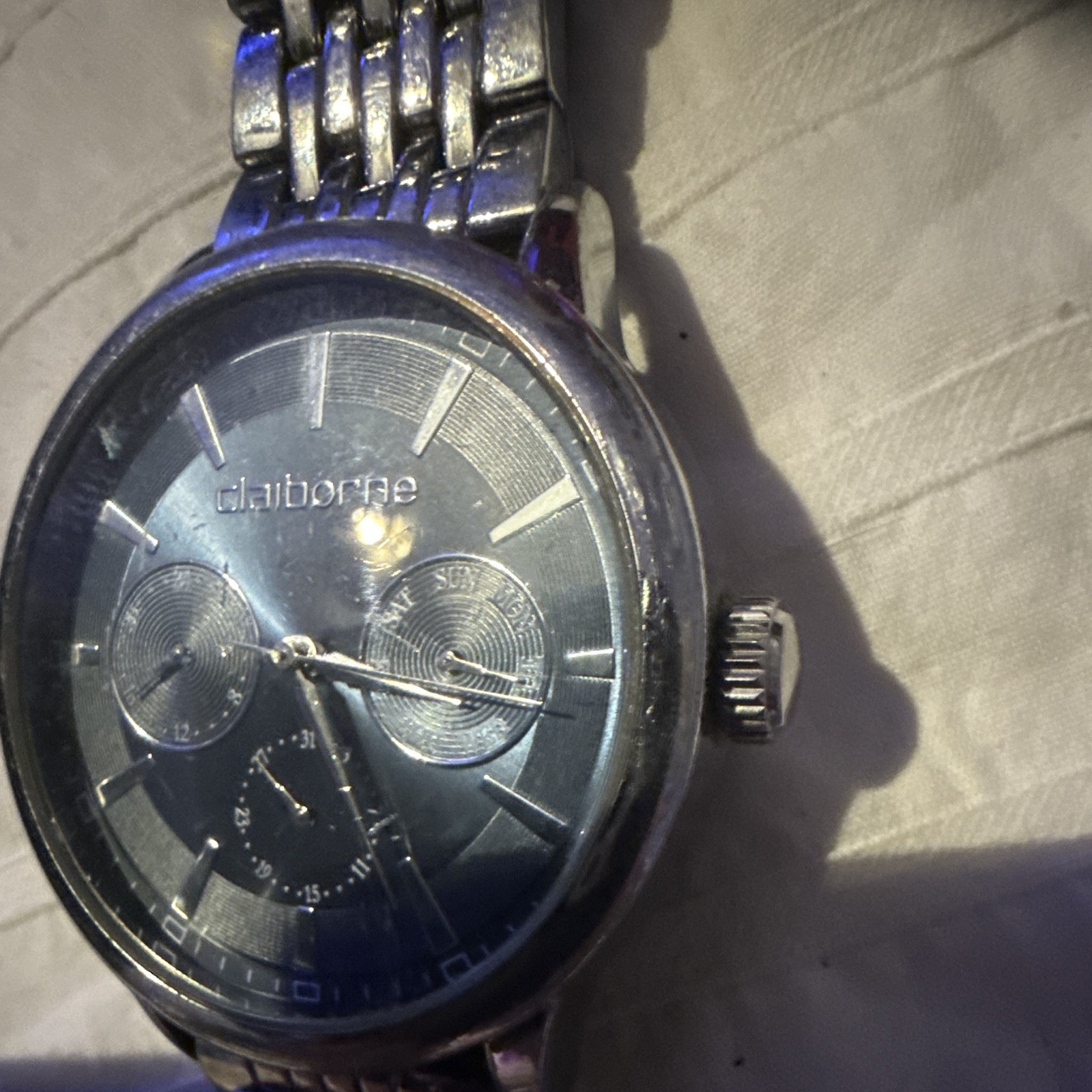 Claiborne Men’s Quartz Analog Multifunction Watch Blue Dial Silver Bracelet