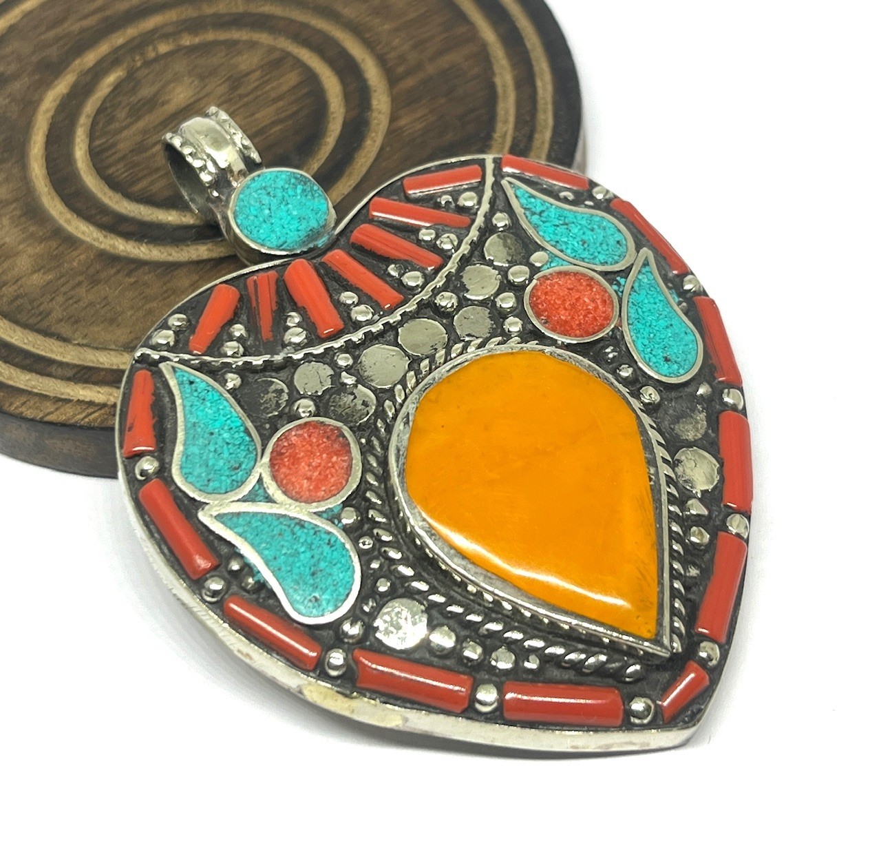 Vintage Coral Turquoise Amber Gemstone Tibetan Style Pendant Jewelry, 2.9 inch
