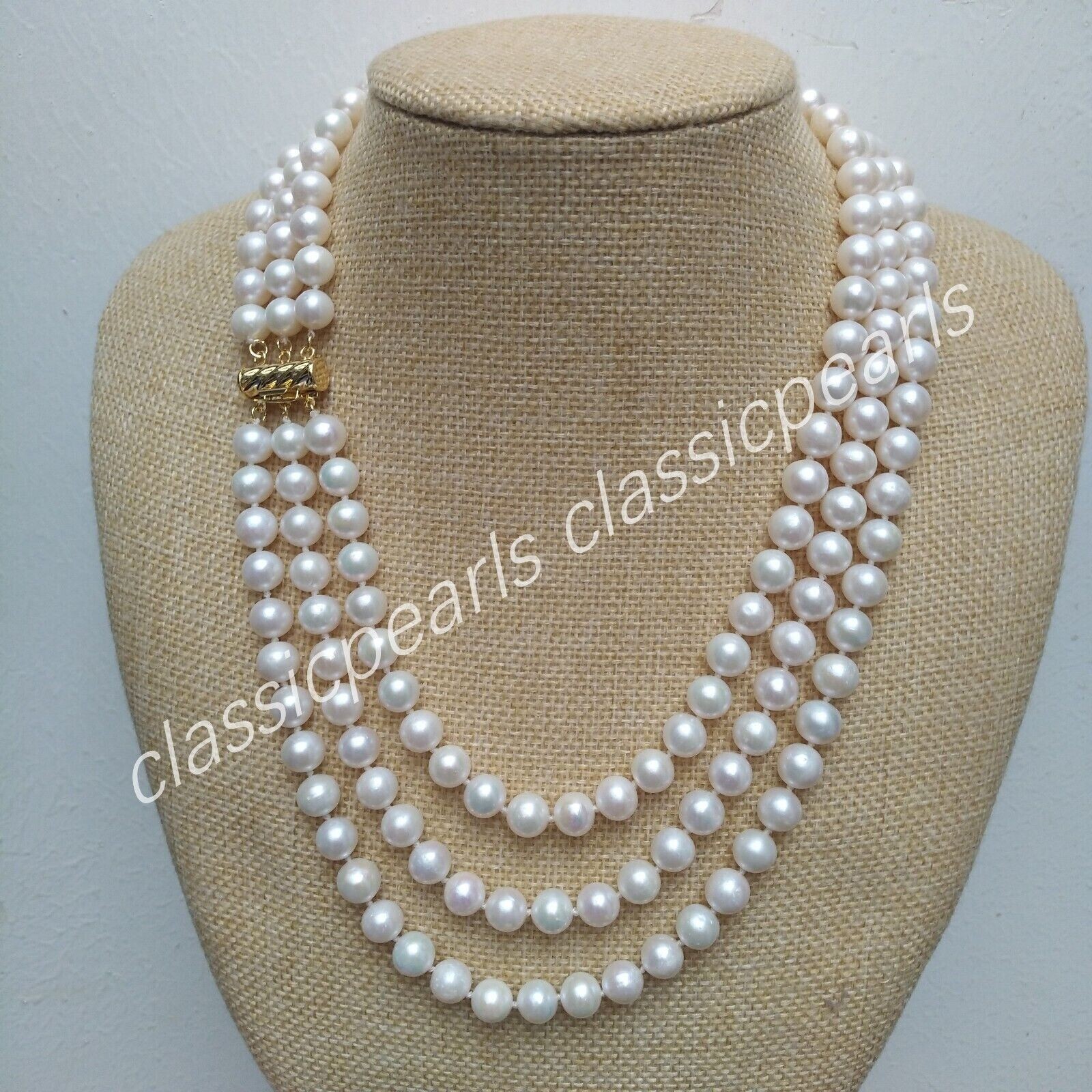 16″18″20″ Dainty Triple Strands AAA 7-8mm South Sea Pearl Necklace 14k Gold P