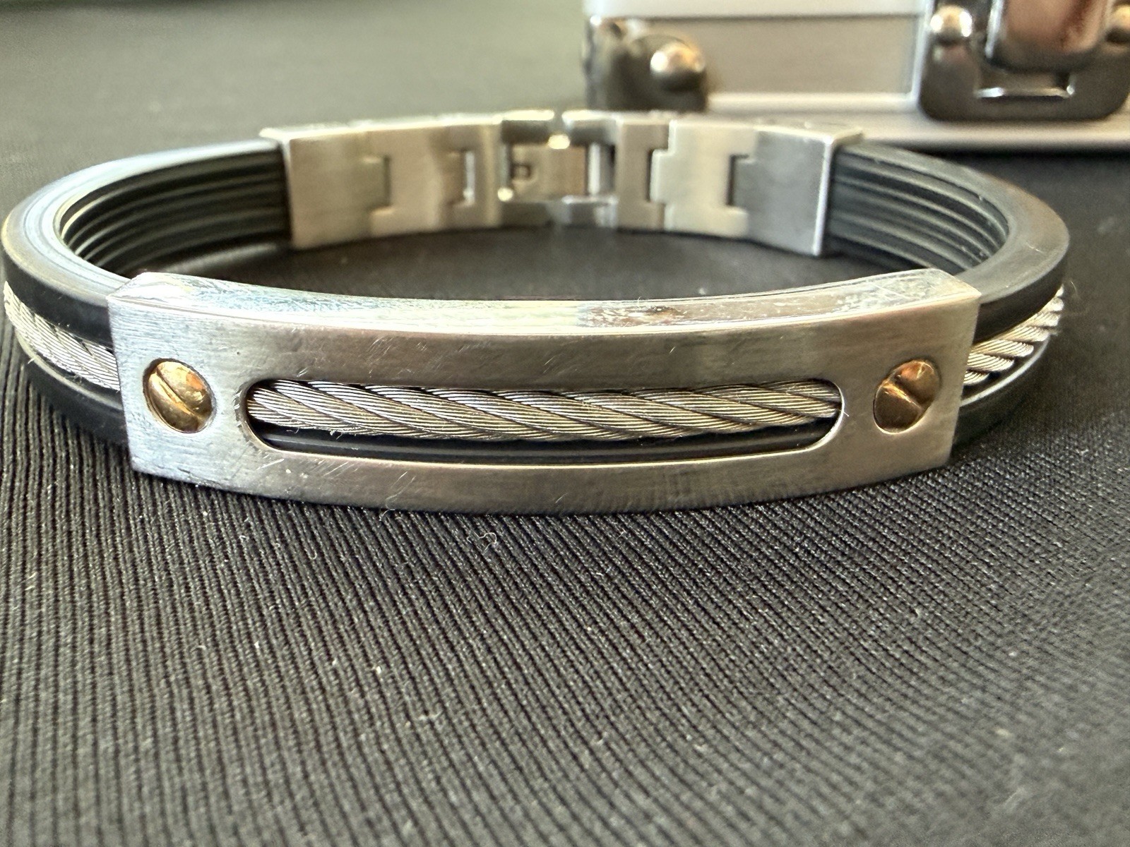Triton Mens Bracelet Stainless Steel & Black Rubber 14K Gold Screws Cable Inlay