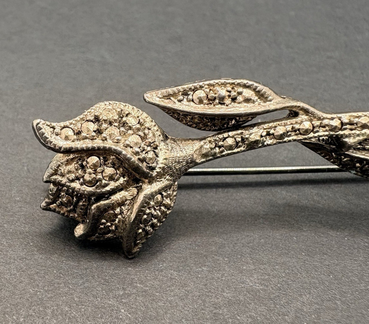 Vintage Long Stem Rose Flower Floral Marcasite Silver Tone Brooch 2″