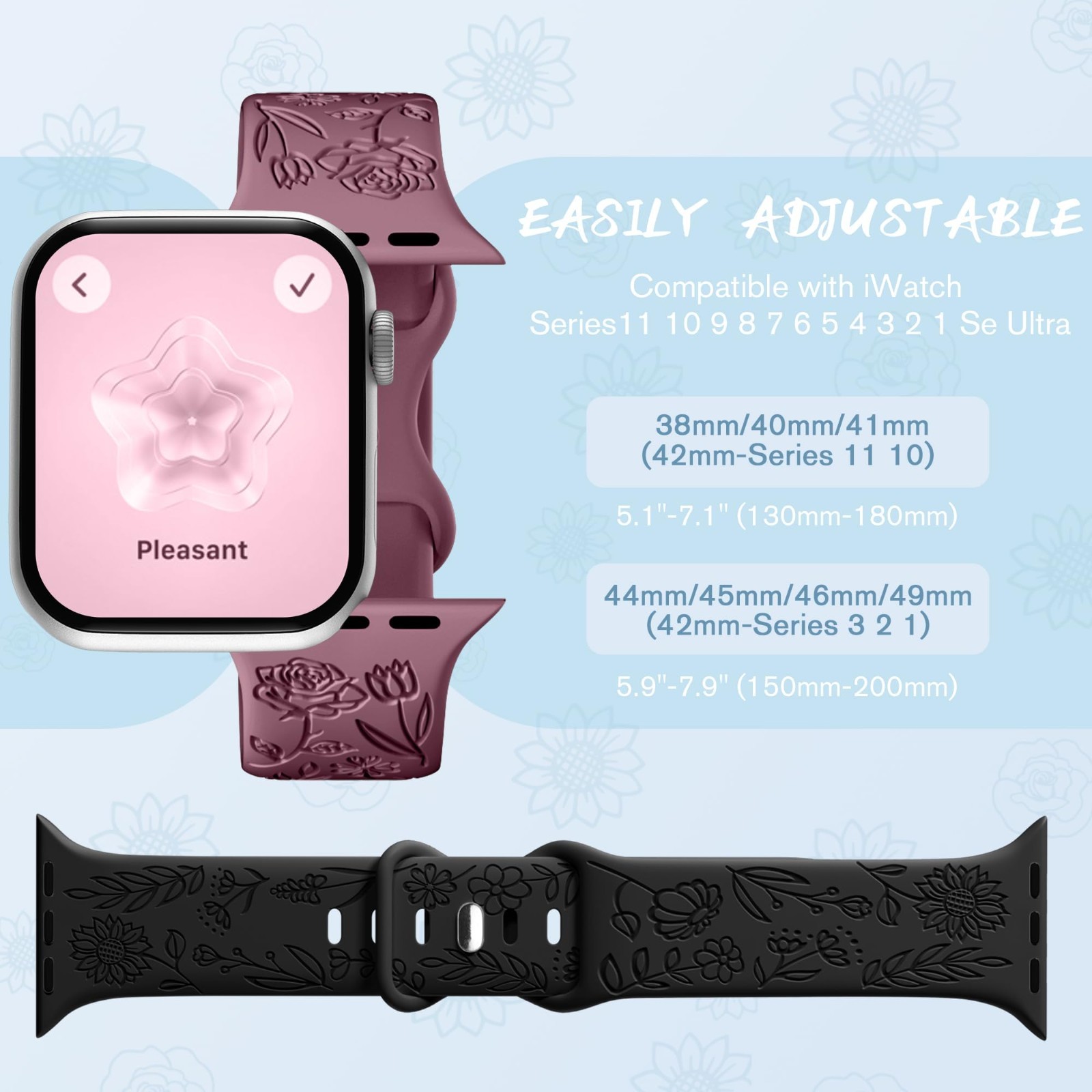 Floral Engraved Silicone Bands for Apple Watch 38mm-49mm, 6 Pack, Unisex Strap