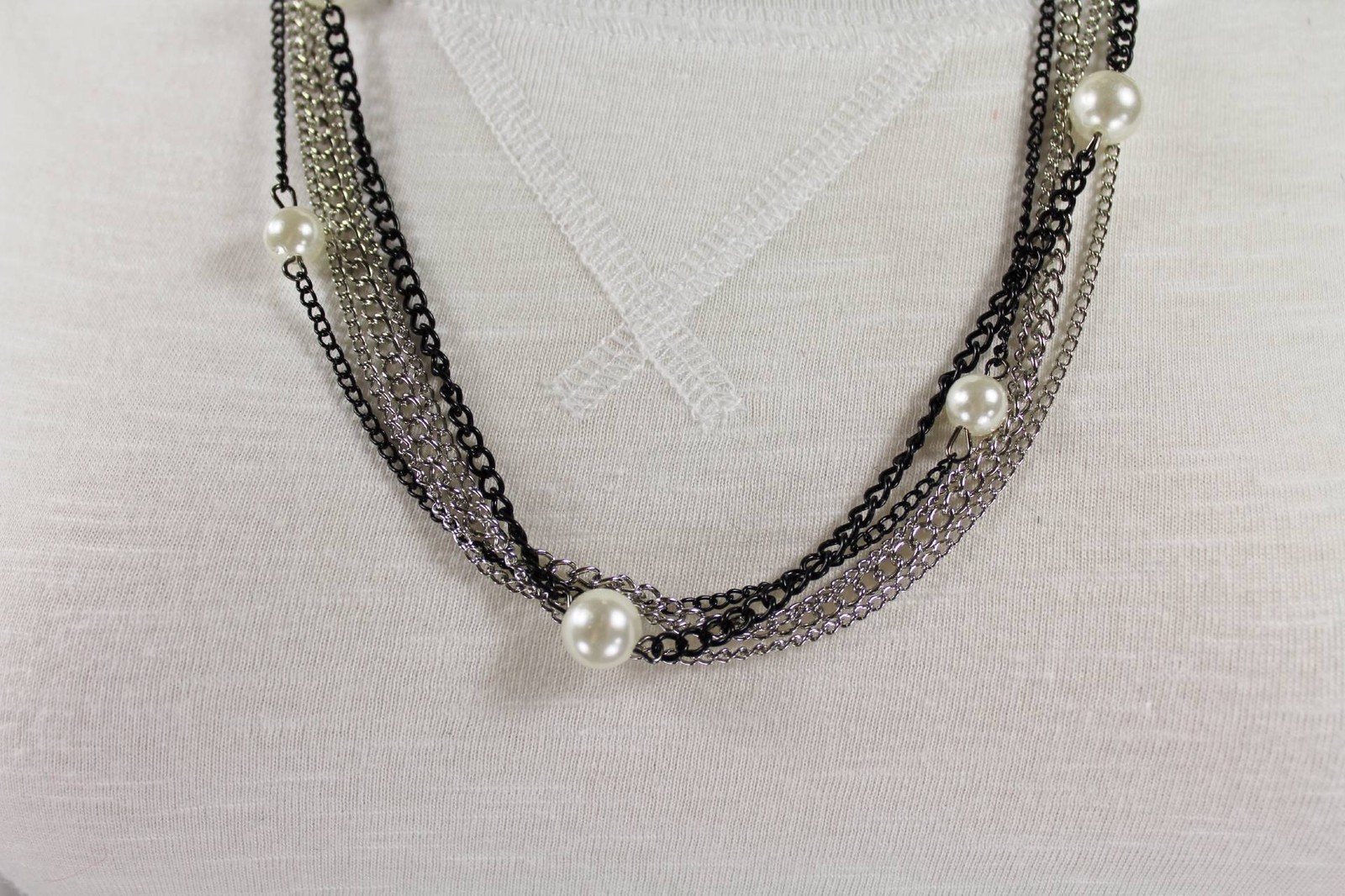 Black Silver Gold 5 strand faux pearl draped long statement bib necklace 24 long