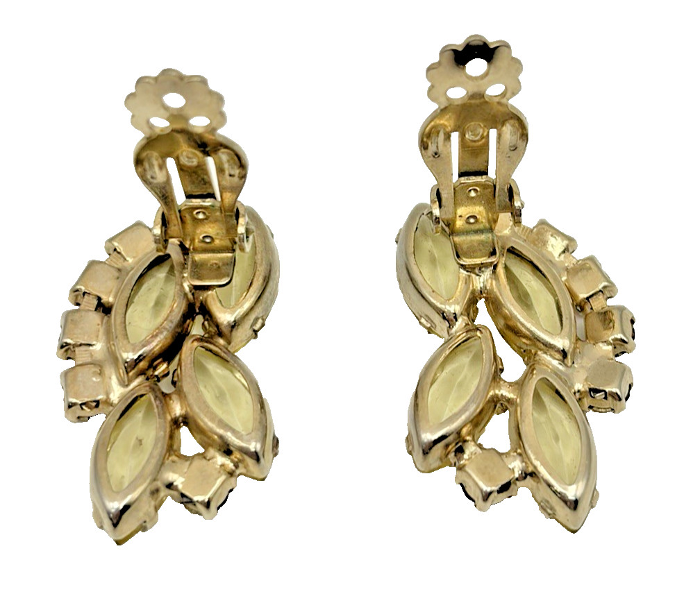 Vintage D&E Juliana Attributed Yellow Navette Topaz Rhinestone Clip Earrings