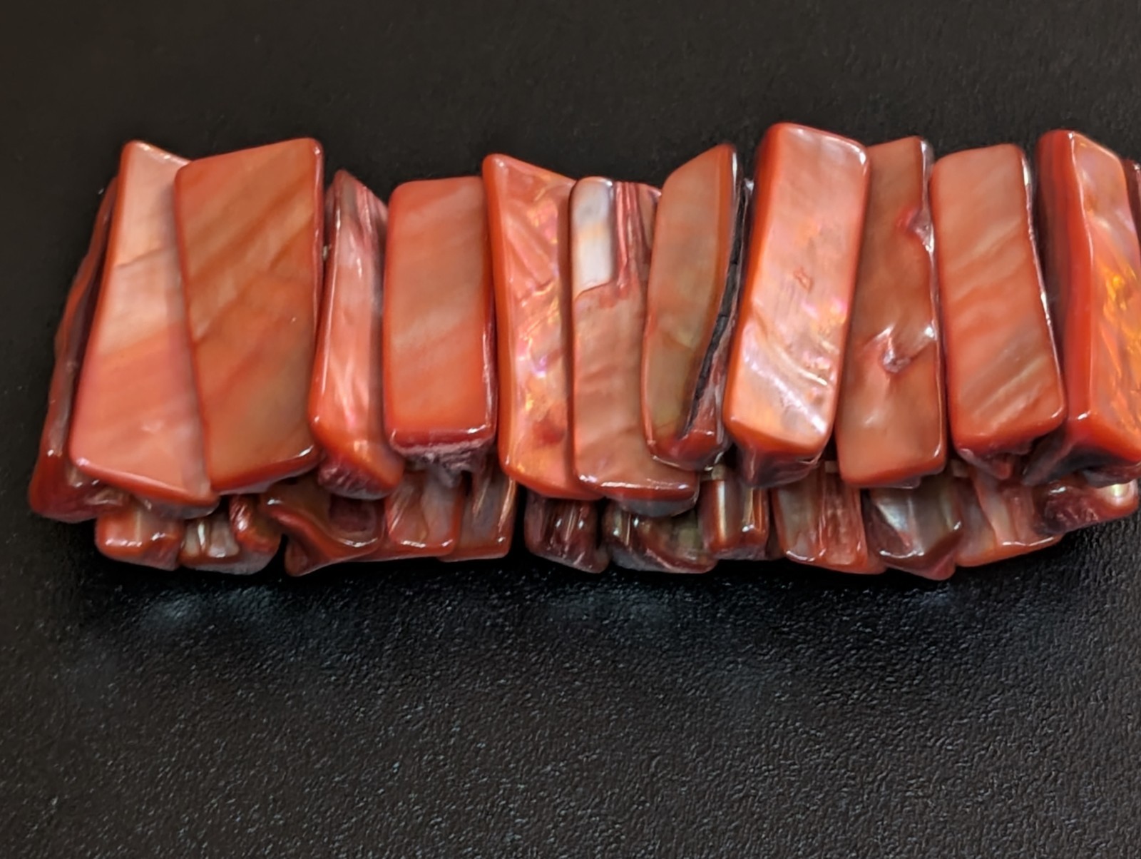 Boho Mother-of-Pearl Shard Braclet, Dyed,Salmon,Wide Cuff Stretch,Island Vibe