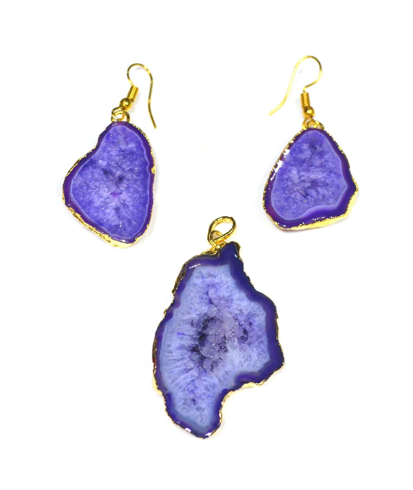 123Ct. Gold Electro Plated Purple Agate Gemstone Pendant Earrings Set-A581