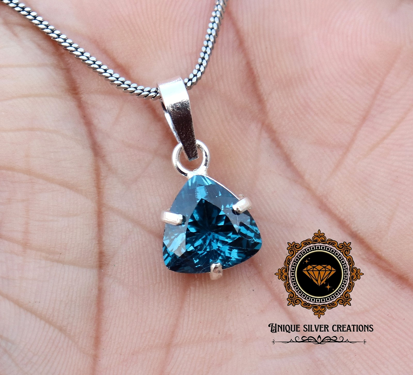 Natural Blue Tourmaline Trillion 925 Sterling Silver Pendant Certified 10.25 Ct