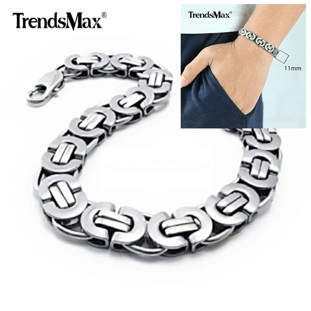 11mm Heavy Silver Flat Byzantine Stainless Steel Chain Bracelet Men’s Link 8.5″
