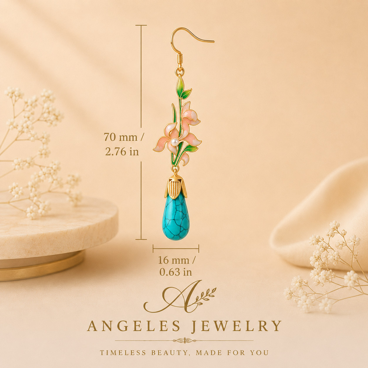 Bohemian Turquoise Drop Dangle Earrings Gemstone Flower Ear Hook 18K Gold Plated