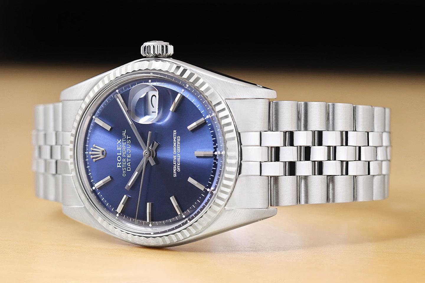 ROLEX MENS DATEJUST BLUE DIAL FLUTED BEZEL 18K WHITE GOLD STAINLESS STEEL WATCH
