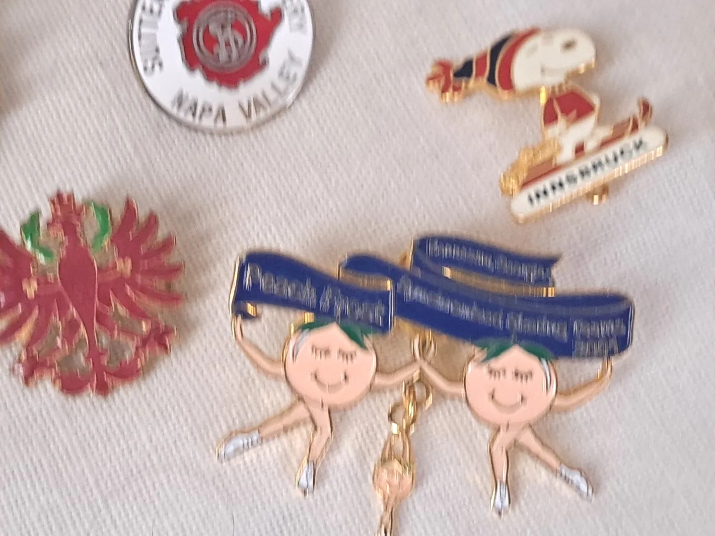 Vintage Enamel Pinback Button Lot Snoopy Enesco Winery Olympics Dutch Religious
