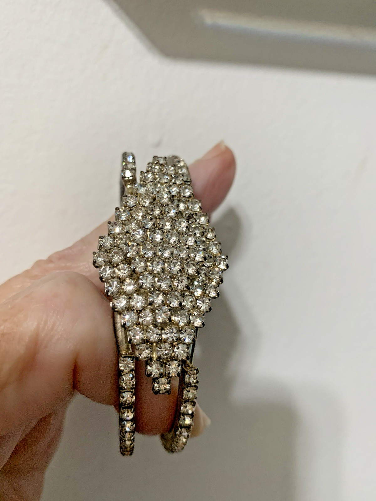 Vintage Encrusted Prong Set Rhinestones,Bangle Bracelet,Silver-tone & Hinged, 8”