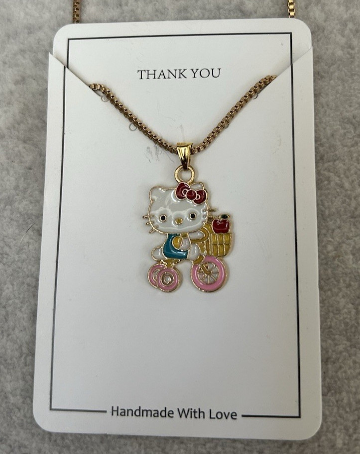 Hello Kitty Sanrio Inspired Gold Tone Necklace Chain Bicycle 11″ Drop Adjustable