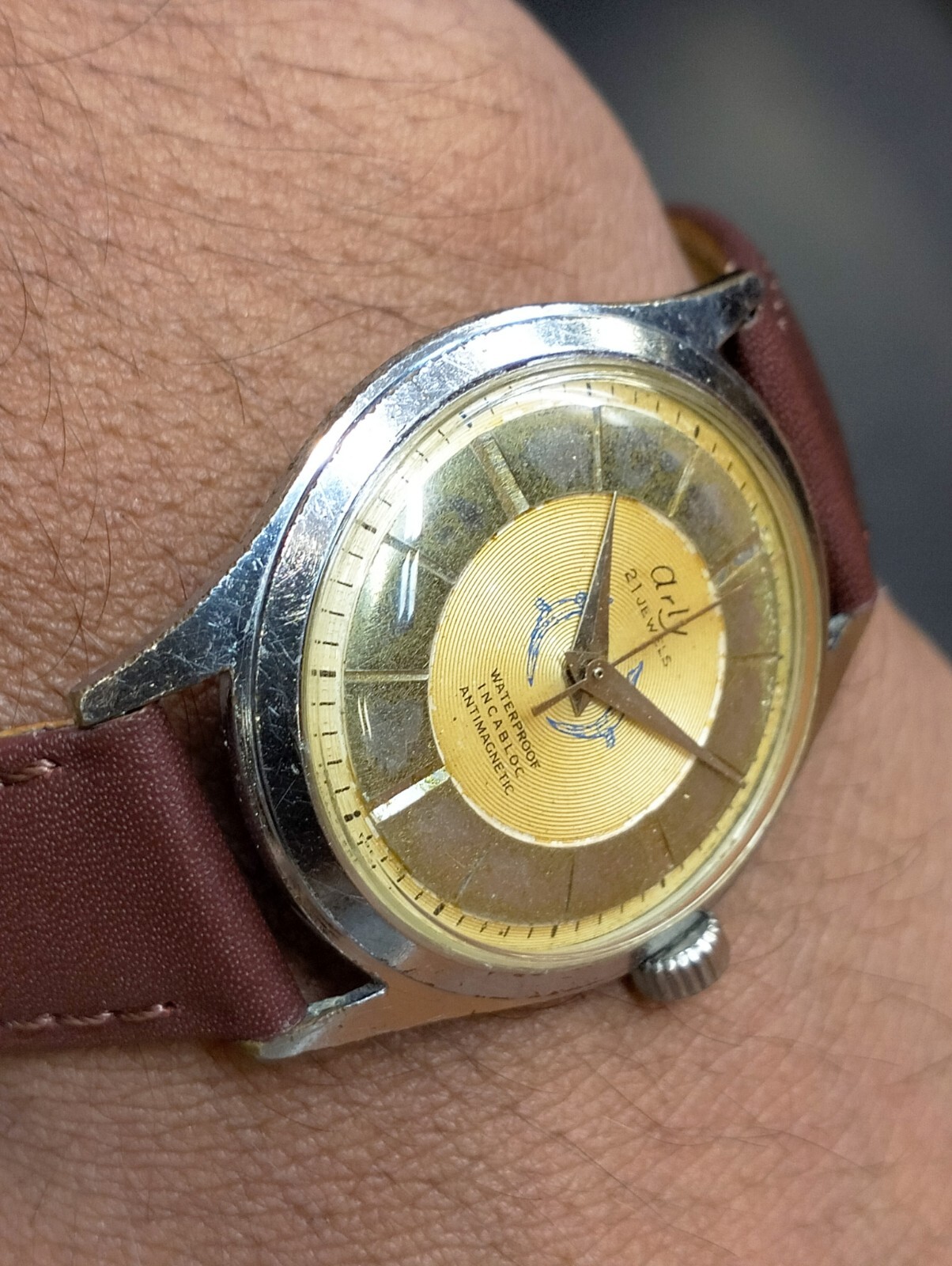 ARLY 21 JEWELS WINDING AGED GOLD DIAL SWISS MEN’S FULL WORKING VINTAGE WATCH