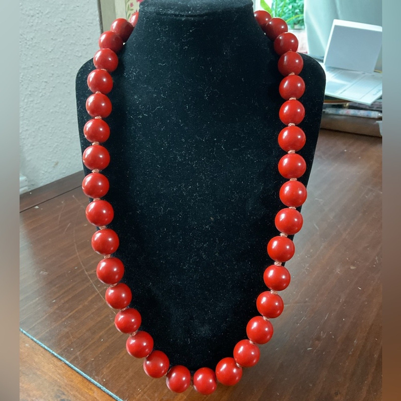 Vintage Rare Chinese Export Red Wooden Bead Silver Filigree Clasp Necklace