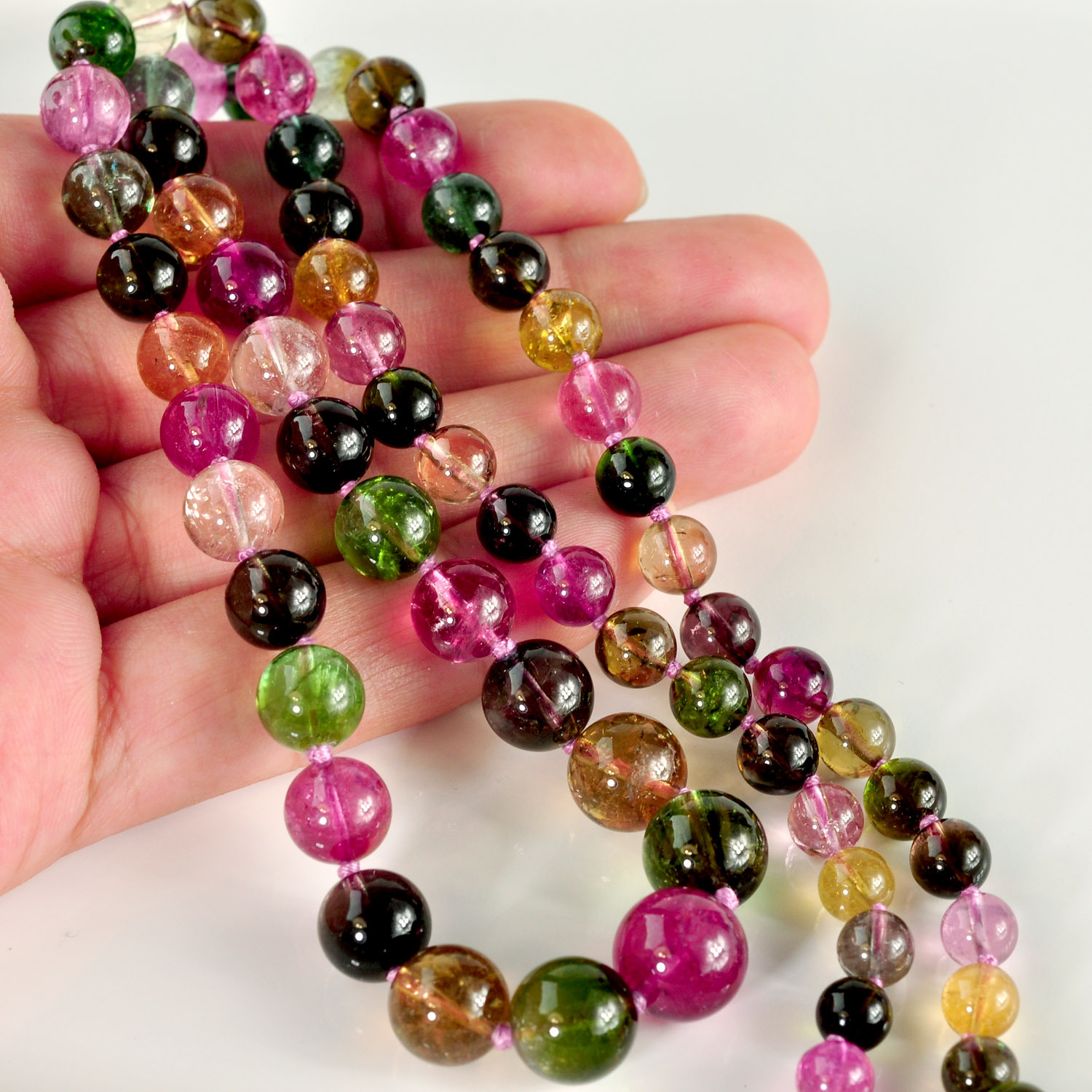 6.2mm-10.7mm Tourmaline Smooth Round Globe Bead Necklace 14K Diamond clasp