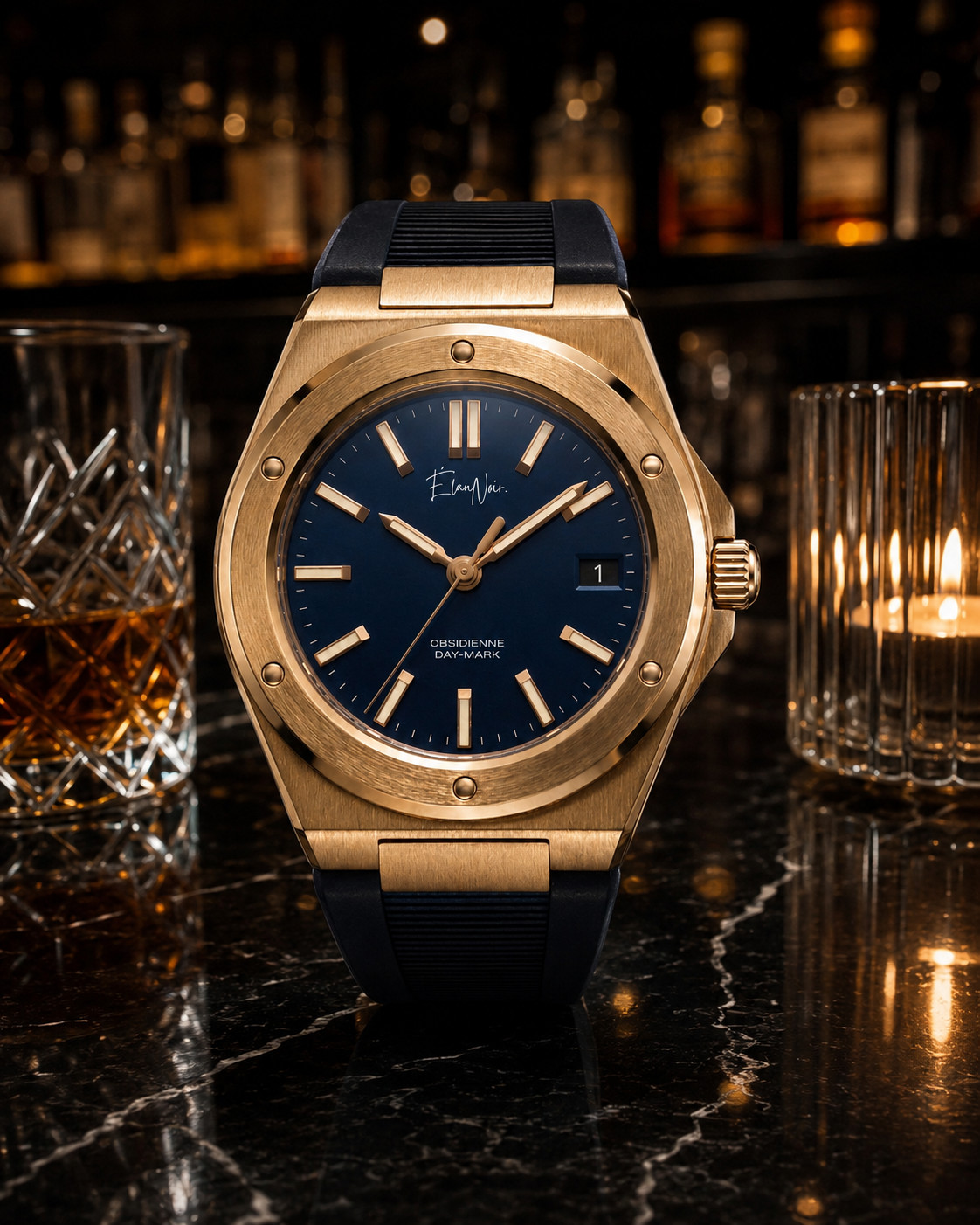 Custom Élan Noir Day-Mark Auto NH35 Watch Gold Navy Dial Sapphire Steel 41mm